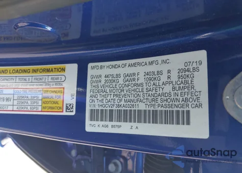 2019 Honda Accord Sport 2.0T z USA, uszkodzony, nr VIN 1HGCV2F38KA032611